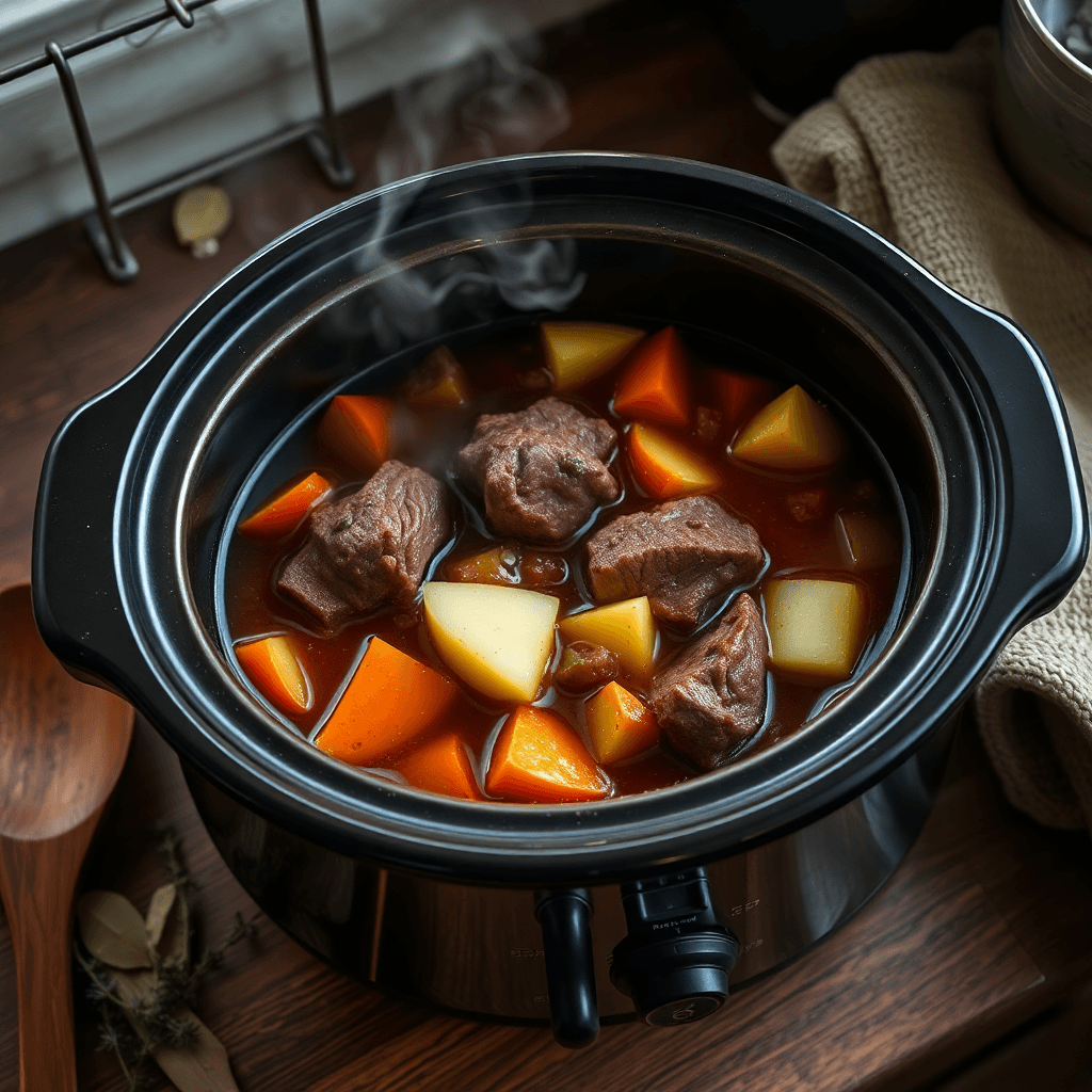 A cozy kitchen setting featuring a slow cooker filled with tender stew meat, potatoes, carrots, and a rich broth, with steam rising from the pot.