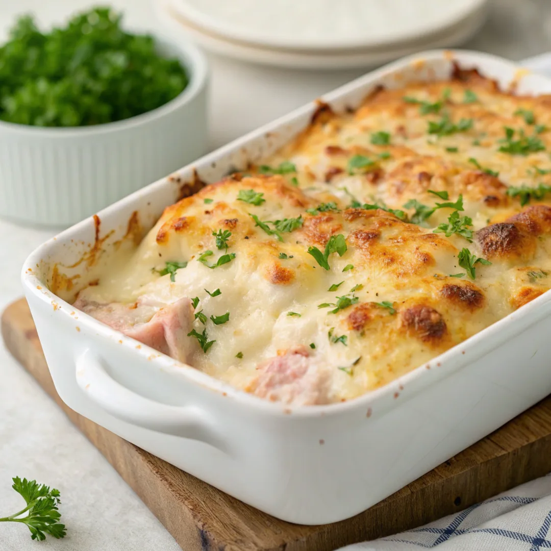 Chicken Cordon Bleu Casserole fresh out of the oven with melted cheese.