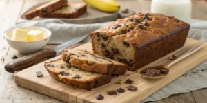 Freshly baked chocolate chunk banana bread with gooey melted chocolate chunks.