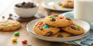 The Best Chocolate Chip M&M Cookies Recipe – Soft & Chewy Treats 8 Freshly baked chocolate chip M&M cookies stacked on a plate.