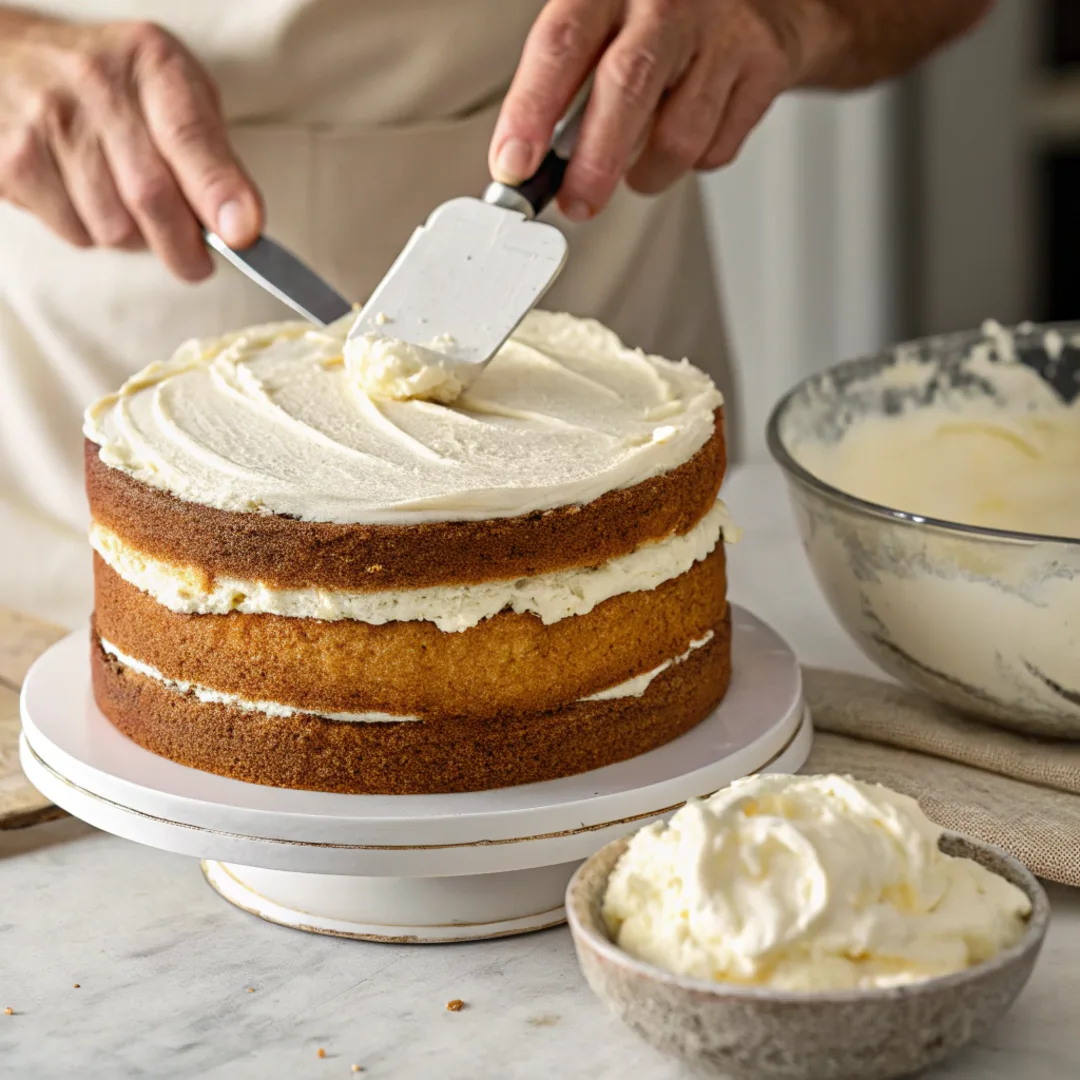 Italian Cream Cake Recipe – A Classic Southern Dessert 3 Layering and frosting Italian Cream Cake