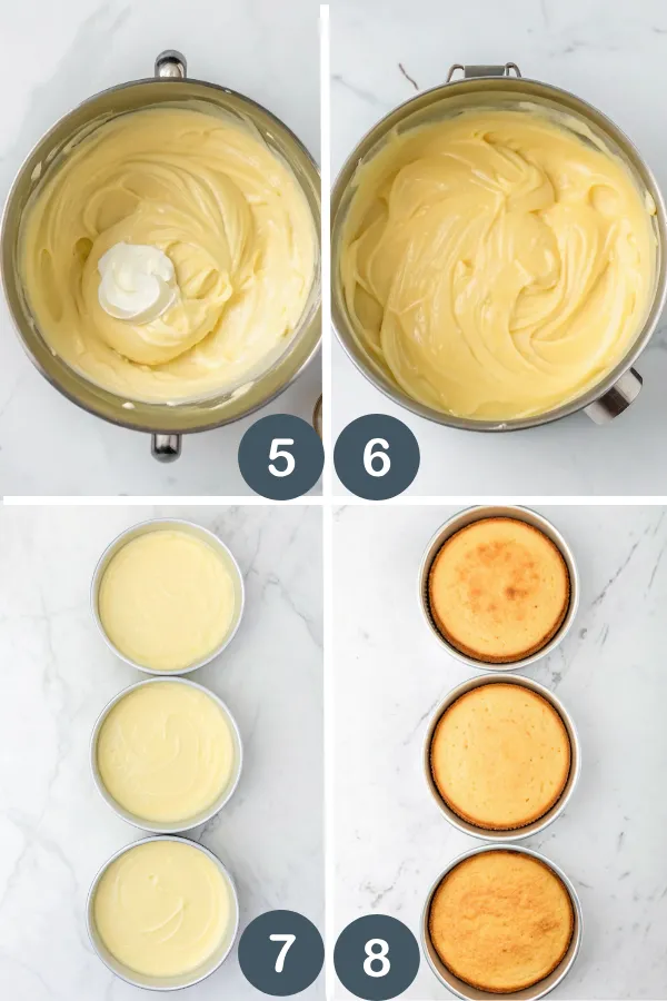Step-by-step images of caramel cake preparation showing smooth batter, filled cake pans, and baked golden cake layers.