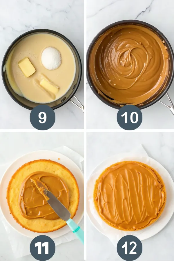Step-by-step process of making and spreading caramel frosting on a caramel cake, including cooking, layering, and topping.