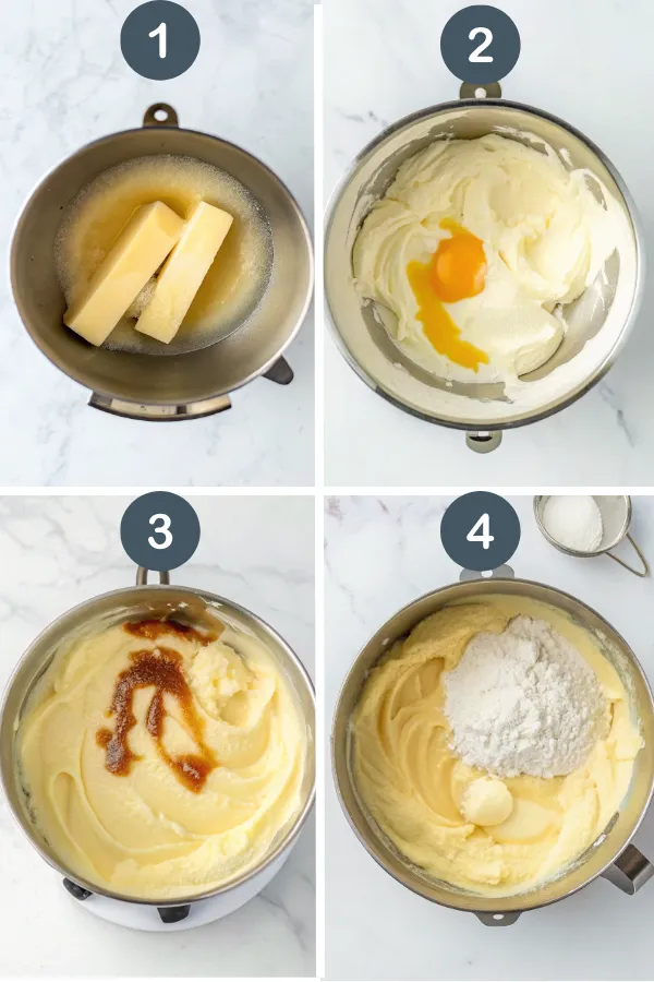 Step-by-step process of making caramel cake batter, including creaming butter, adding eggs, vanilla, and dry ingredients in a mixing bowl.