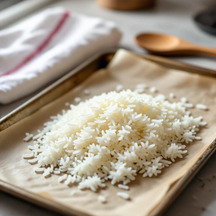 cooked-rice-on-baking-sheet-sizzling-rice-soup Freshly cooked rice on a baking sheet, ready to dry for Chinese Sizzling Rice Soup