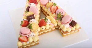 Cookie cake letter A decorated with macarons, strawberries, and piped frosting