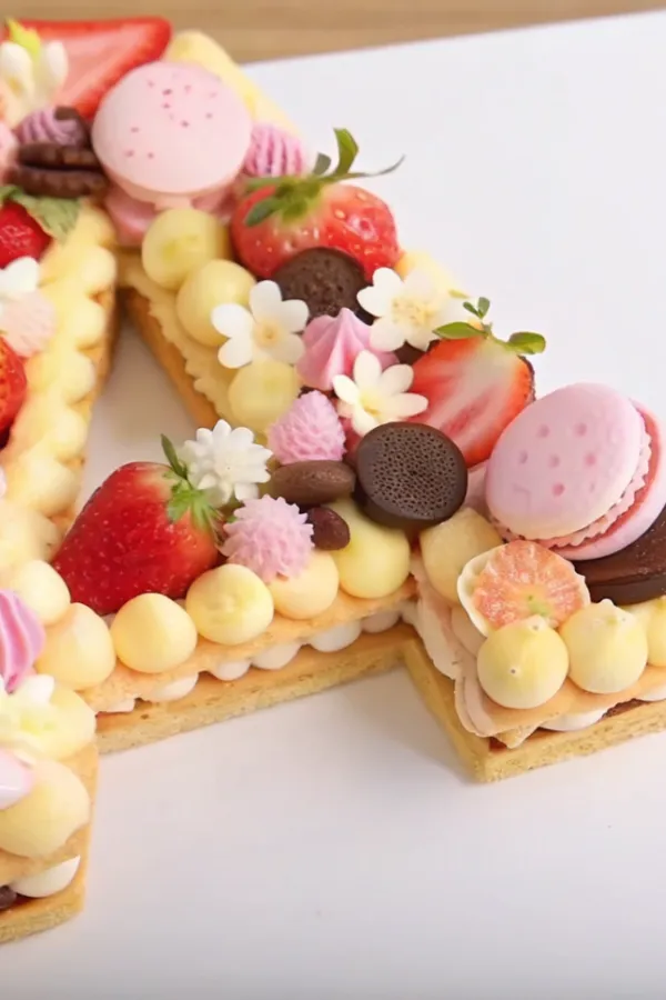 Cookie cake letter A decorated with strawberries, mini cookies, and edible flowers.