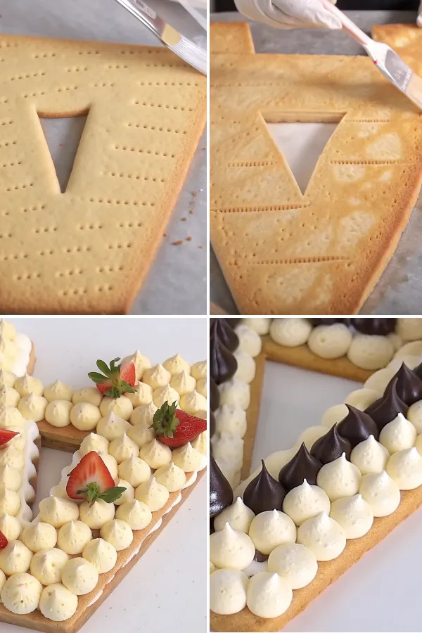 Baking and frosting a cookie cake letter with piped buttercream and strawberries