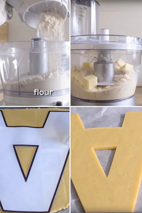 Preparing cookie cake letter dough using food processor and cutting with stencil template