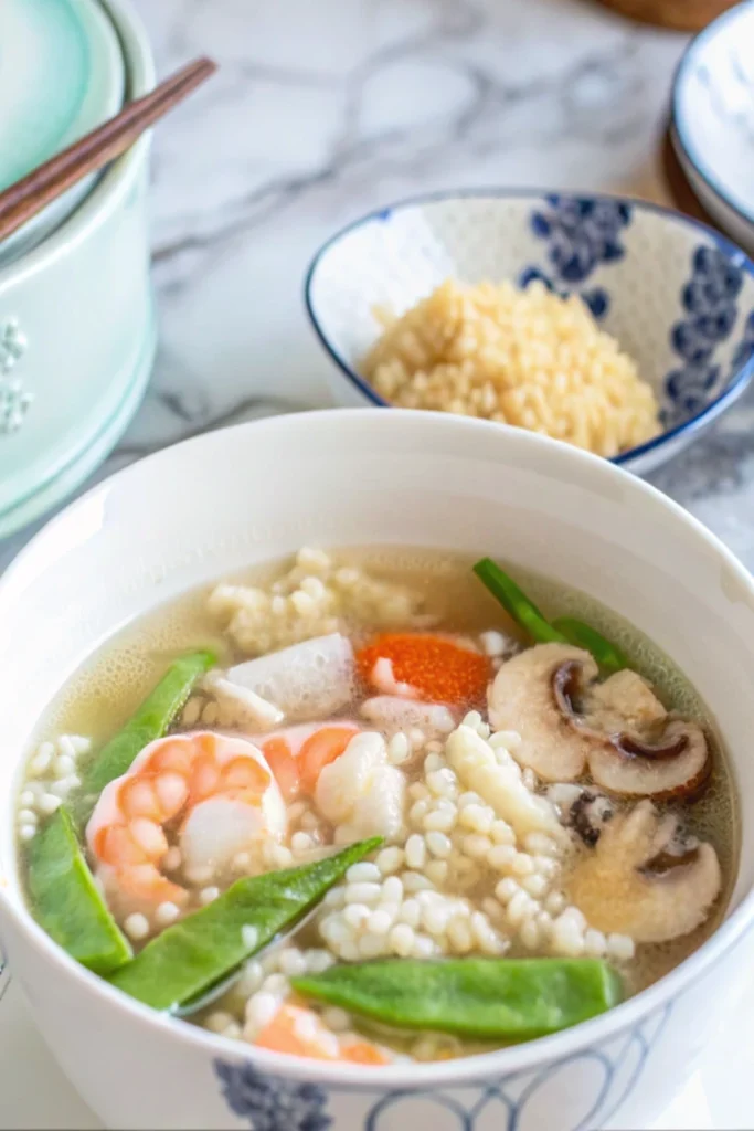 crispy-rice-added-to-sizzling-rice-soup Crispy rice floating in hot Chinese Sizzling Rice Soup with shrimp, mushrooms, and vegetables