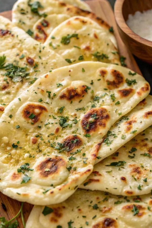 Homemade garlic naan bread recipe with butter and fresh herbs