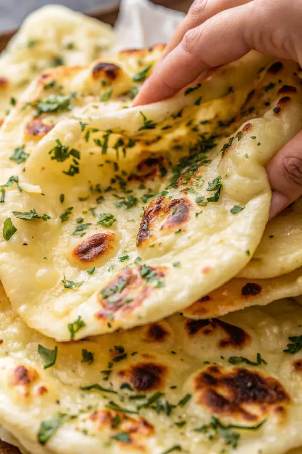 Hand lifting soft garlic naan bread made from a homemade recipe
