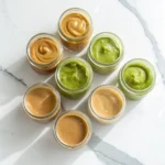 An assortment of jars filled with different nut butters, including pistachio butter, displayed on a marble surface.