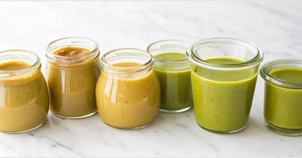 A jar of pistachio butter with a spoonful of the spread beside it and chopped pistachios on the surface.