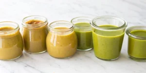 A jar of pistachio butter with a spoonful of the spread beside it and chopped pistachios on the surface.