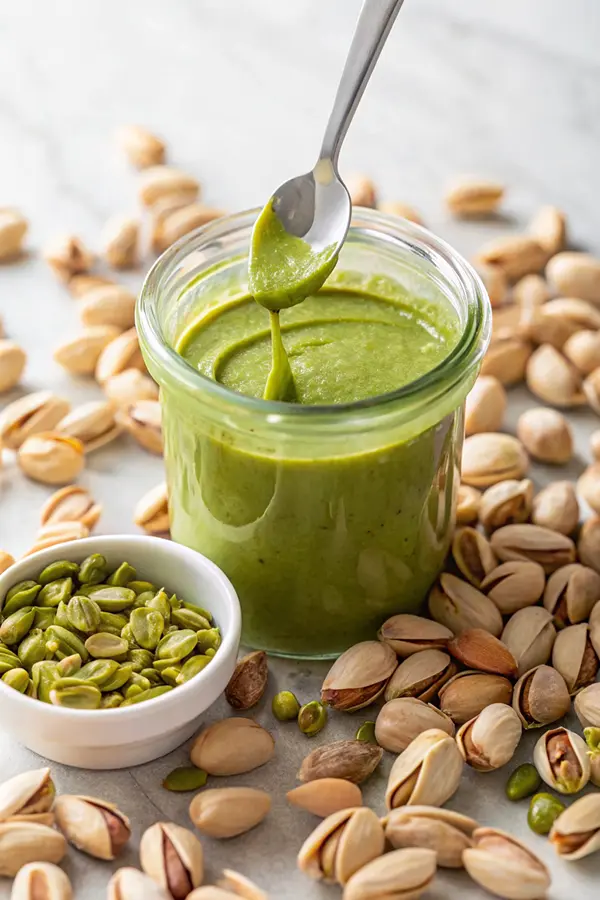 pistachio-butter-spoon Four jars of different nut butters, including pistachio butter, arranged with pistachios around them.