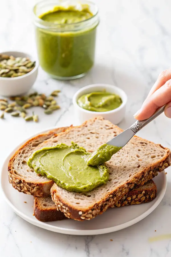 pistachio-butter-toast A hand spreading creamy pistachio butter on a slice of toasted bread, with a jar of pistachio butter in the background and scattered pumpkin seeds on the side.