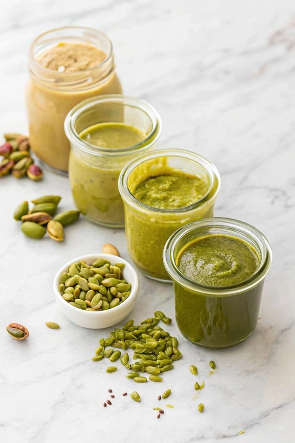 pistachio-butter-varieties Four jars of different nut butters, including pistachio butter, arranged with pistachios around them.