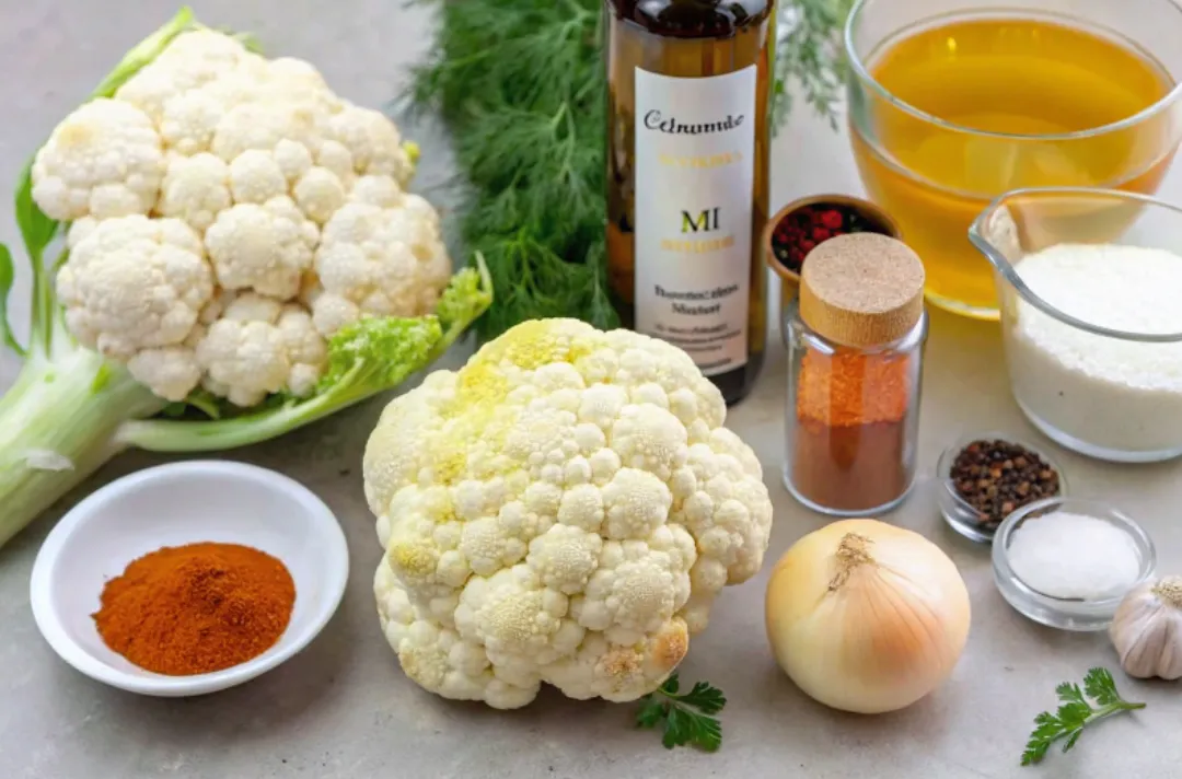 Fresh ingredients for roasted cauliflower soup including cauliflower, garlic, onion, broth, and spices on a kitchen counter