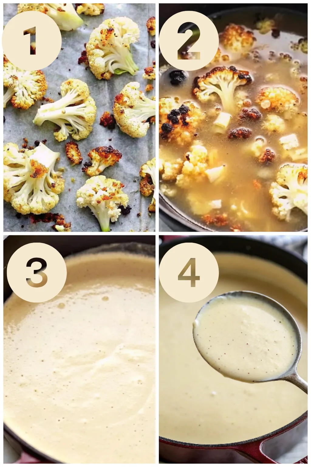 Step-by-step process of making roasted cauliflower soup from roasting to blending and serving