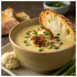 Roasted cauliflower soup served with toasted artisan bread and garnished with green onions