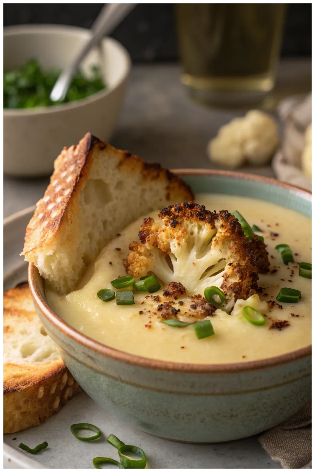 Roasted cauliflower soup served in a ceramic bowl, topped with charred cauliflower and scallions, with a slice of toasted bread