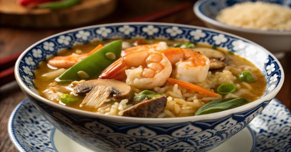 Bowl of Chinese Sizzling Rice Soup with shrimp, vegetables, mushrooms, and crispy rice in broth
