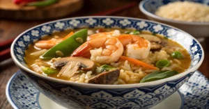 Bowl of Chinese Sizzling Rice Soup with shrimp, vegetables, mushrooms, and crispy rice in broth