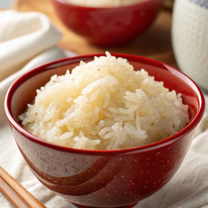 steamed-rice-for-sizzling-rice-soup Steamed white rice in a red bowl for making crispy rice in Chinese Sizzling Rice Soup