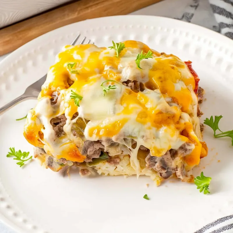 Philly Cheesesteak Casserole baked with cheese and peppers