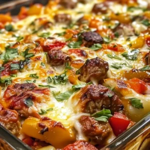 Italian Sausage and Pepper Casserole baked with cheese and roasted peppers