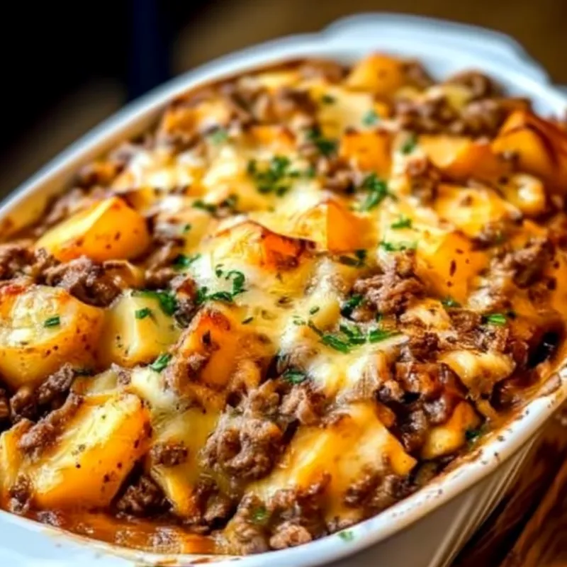 Hobo casserole made with ground beef, potatoes, and melted cheese in a white baking dish